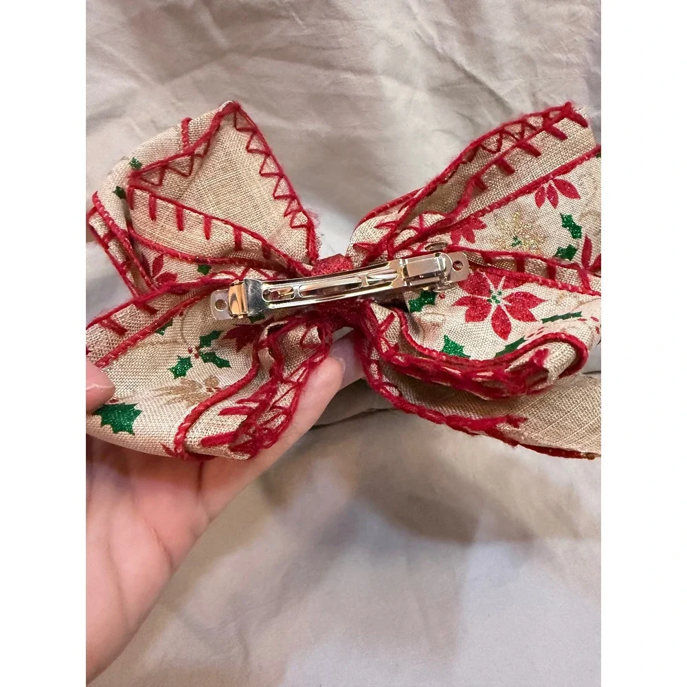 Christmas Poinsettia Burlap Hair Bow Red Green Gold Glitter French Barrette Clip